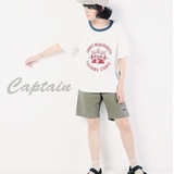 octopus-me 海军风夏季水手服女装短袖 船长刺绣领口撞色短款T恤