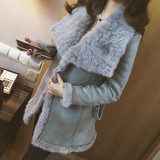 冬季韩版女长袖大翻领兔毛拼接鹿皮绒收腰系带中长款风衣加绒外套
