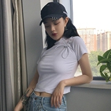 夏装韩版港味修身显瘦小高领AA短款露脐绑带短袖T恤女学生体恤衫