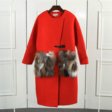 2015冬季新款女装欧美中长款毛呢外套女式口袋狐狸毛长袖加厚大衣