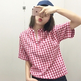 2016夏装韩国学院风格子衬衫女短袖学生闺蜜装立领套头衬衣上衣