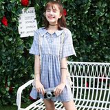 2016夏季韩版软妹小清新学院风格子短袖娃娃领连衣裙高腰娃娃裙