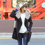 2015年韩版新款呢子大衣 休闲羊毛呢子拼接连帽中长款毛呢外套女