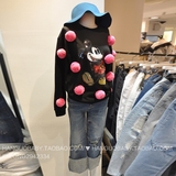 韩国东大门2016秋季新款女士圆领米奇卡通印花上衣毛球长袖t恤衫