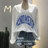 韩国ulzzang2016新款MT女装 字母图案V领宽松蝙蝠袖韩范长袖T恤女