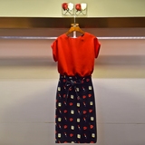 妃语欧洲站2016夏装欧货显瘦卡通口红印花蝴蝶结连衣裙两件套中裙