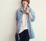 2016春季新款韩国代购淑女做旧泛白宽松中长款牛仔外套女