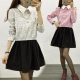 2015秋冬新款韩版女装娃娃领假两件连衣裙长袖修身呢子裙