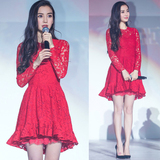 韩版baby明星同款红色修身镂空蕾丝短礼服伴娘不规则打底连衣裙范