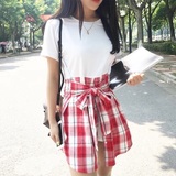 韩女装新包邮百搭纯色中长款T恤假两件连衣裙格子衬衫系腰短裙子