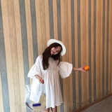 自留推荐 韩国甜美灯笼袖中长款宽松娃娃连衣裙夏季可爱纯白短裙