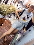 韩版原单质感百分短袖印花宽松休闲t恤套米奇卡通印花小套装女