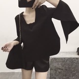 2016秋装新款深V领气质水袖黑色上衣开叉喇叭袖衬衫式女装