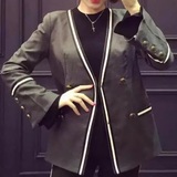 韩国正品OL条纹英伦风撞色V领喇叭袖外套西装大码女装