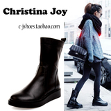 Christina Joy2016秋冬欧美新款真皮平底马丁靴侧拉链厚底短靴 女