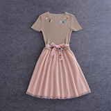 欧美女装2016夏装新款 气质绣花针织网纱拼接短袖修身系带连衣裙