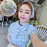韩国夏季可爱学院风刺绣字母钉珠短袖格子直筒学生衬衫女 配发带