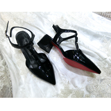 DIDADA原创设计复古黑色尖头绑带高跟鞋女真皮酒红色公主鞋粗跟夏