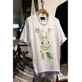 竹节棉T恤女短袖韩国女装夏季新款小兔条纹拼接前短后长体恤