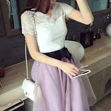 2016春夏季女装短袖蕾丝上衣t恤韩版打底小衫V领花边螺纹针织衫
