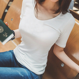夏季新款韩版女装中袖圆领t恤五分袖修身纯棉打底衫半袖U领体恤潮