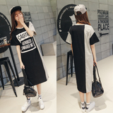 韩国2016夏季女装大码个性拼色字母宽松连衣裙超长款百搭T恤长裙