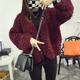 韩国秋冬女装新款宽松蝙蝠袖针织衫开衫学生短款粗棒针毛衣外套女