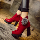16秋冬季新款大红色婚鞋粗跟马丁靴女超高跟圆头女靴子欧美短靴潮