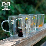 包邮日本和风手工隔热樱花动物玻璃杯子创意可爱早餐牛奶茶杯情侣