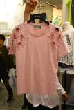 韩国夏季新款短袖T恤女竹节棉粉色宽松韩版镂空钉珠半袖上衣潮