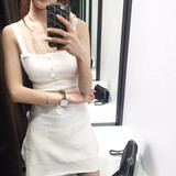 16夏季刘美人同款白色吊带珍珠扣背心无袖冰丝针织修身连衣裙女