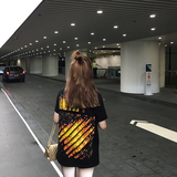 韩版夏季宽松显瘦纯棉火焰字母印花黑色短袖T恤女中长款圆领上衣