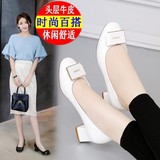 【天天特价】韩版浅口单鞋女夏中跟粗跟工作鞋方扣圆头漆皮女鞋子