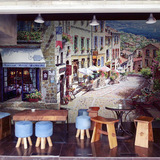 欧洲小镇3D立体壁纸咖啡馆西餐厅奶茶店墙纸欧式油画城市墙纸壁画