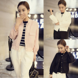 2016春季韩版新款纯色单排扣长袖短款口袋薄款夹克外套女潮上衣