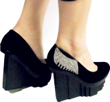 绒面坡跟鞋韩版潮超高跟浅口鞋厚底防水台黑色单镶钻异性跟单鞋