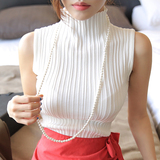 韩国代购2016春夏女装修身螺纹半高领打底针织背心无袖针织衫女