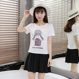 韩版大辫子印花图案短袖t恤+半身裙两件套女夏季卡通大码T恤套装