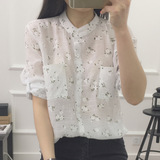 现货韩国代购女装2016夏季韩版小清新碎花宽松双口袋立领短袖衬衫