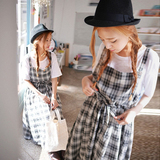 夏季新款两件套 韩国原单复古文艺森系棉麻格子宽松背带连衣裙