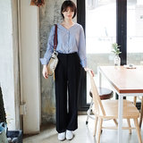 2016春夏韩版衬衣两件套 时尚v领长袖衬衫黑色休闲阔腿裤长裤套装