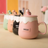 创意可爱立体奶牛浮雕杯身大容量陶瓷马克杯带盖勺牛奶杯早餐杯