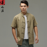中国风夏季复古男装亚麻短袖衬衫中式立领盘扣唐装民族风宽松衬衣