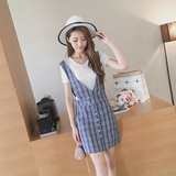 又见小夕夏季新款韩版圆领纯色针织T恤格子背带短裙两件套女套装