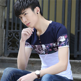 2016男装夏季新款T恤潮修身韩版印花v瓴短袖薄款青少年上衣包邮
