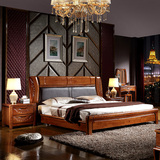 现代中式全实木床 1.8米双人床纯橡木简约真皮软靠婚床 卧室家具