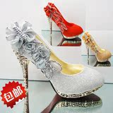 特价包邮女鞋2013银色高跟鞋红色水钻花朵结婚鞋金色伴娘鞋新娘鞋