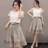 韩国小清新套装裙 2016夏季蕾丝两件套连衣裙 中长款修身显瘦裙子