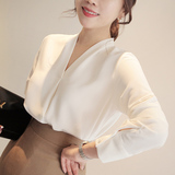 2016夏季新款V领衬衫女韩范长袖套头中长款宽松版雪纺衫白色上衣