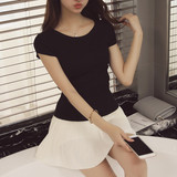 夏季新款韩国低圆领针织短袖T恤女士打底衫百搭修身短款半袖体恤